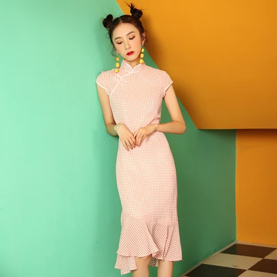 Photo Color SWEETXUE New Modern Fishtail Slim Cheongsam Dress Pink Plaid Short Sleeve Elegant Casual Chic Midi Dresses Summer Women - Цвет: Photo Color