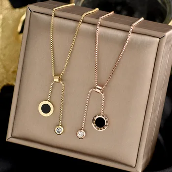 

Titanium Stainless Steel Roman Numerals Tassels Pendant Necklaces Circle Round Shell Gold Chokers Necklaces for Women Jewelry