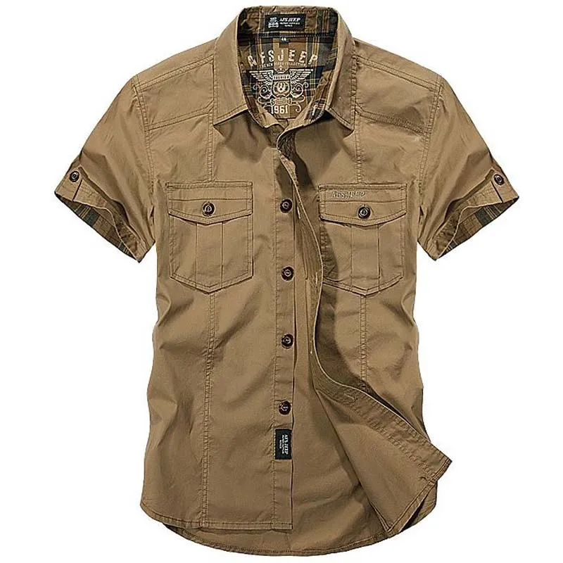Khaki Новая мода хлопок повседневные рубашки летние мужские рубашки короткий рукав отложной воротник Военный стиль мужская одежда размера плюс 4XL - Цвет: Khaki