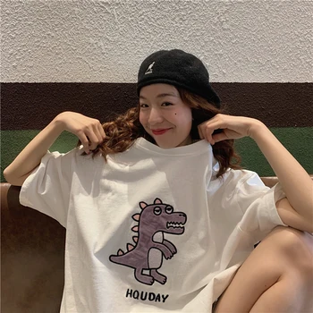 

Casual Loose Basic All Match Dinasours Printed College Wind Simple 20202 Summer Korean Style Short Sleeve O-neck Women Top Tees