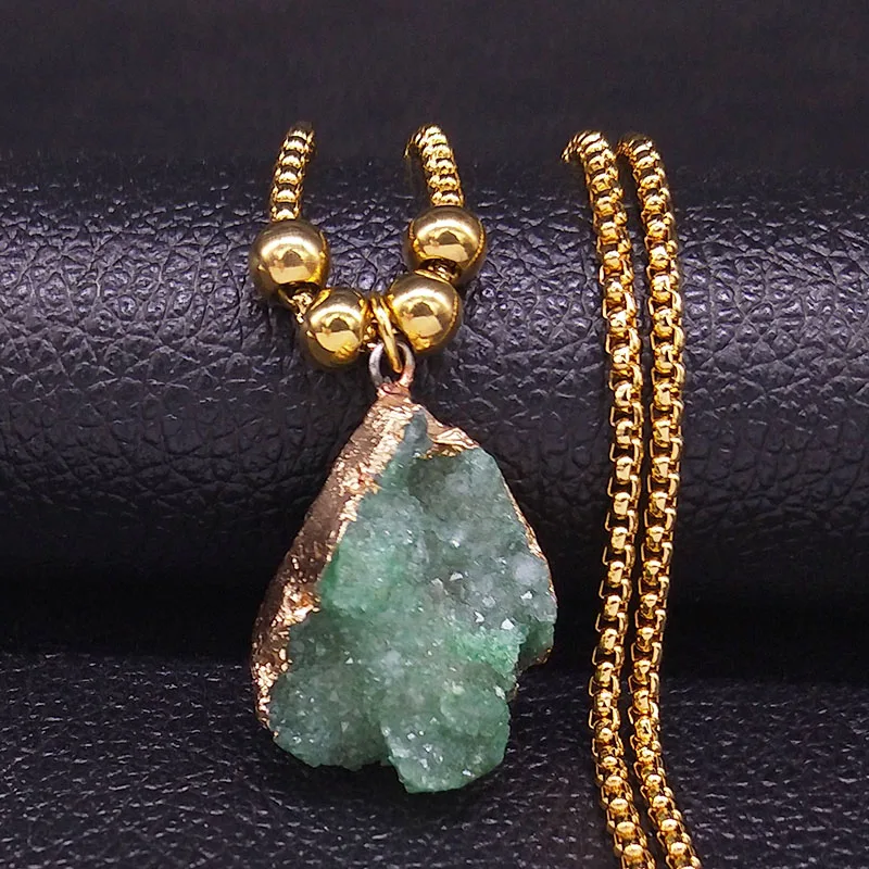 2020 Fashion Green Crystal Stainless Steel Necklace for Women Gold Color Bead Long Statement Necklace Jewelry colgante N20167