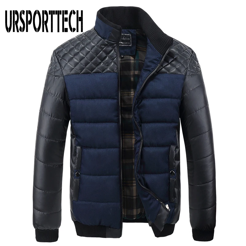 URSPORTTECH мужские куртки и пальто 4XL из искусственной кожи в стиле пэчворк, Дизайнерские теплые зимние куртки, мужская верхняя одежда, пальто, модная мужская одежда
