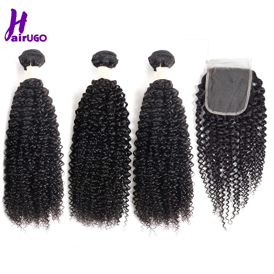 HairUGo волосы пряди кудрявых волос с закрытием Связки малайзийских волос с закрытием натуральные черные 3 пучка с закрытием не Реми