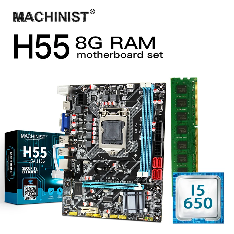 

H55 LGA 1156 motherboard set kit with Intel core I5-650 3.2GHZ CPU 8GB 1600MHz DDR3 PC desktop memory RAM Mico-ATX