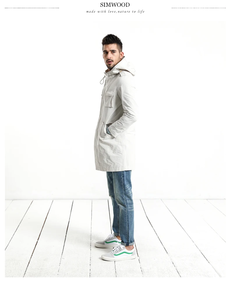 Мужская длинная куртка SIMWOOD, приталенная куртка, тренч с капюшоном и карманами,, демисезонное пальто, 180063