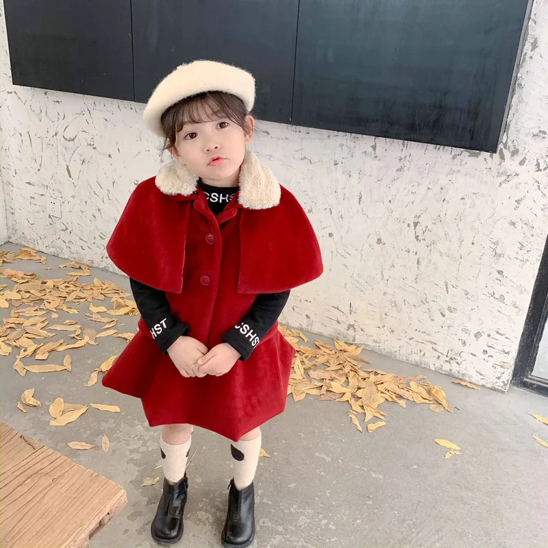 

Girl'S Suit Woolen Thick Quilted Cloak Mantle And Skirt 19 Winter New Style Childrenswear