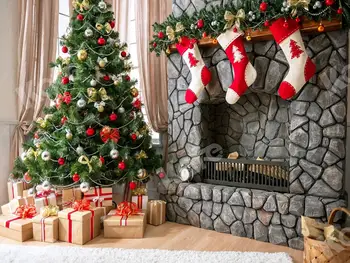 

VinylBDS Background Photostudio Christmas 10x10ft Christmas Tree Fireplace Newbornchristmas Decorations Photography Background