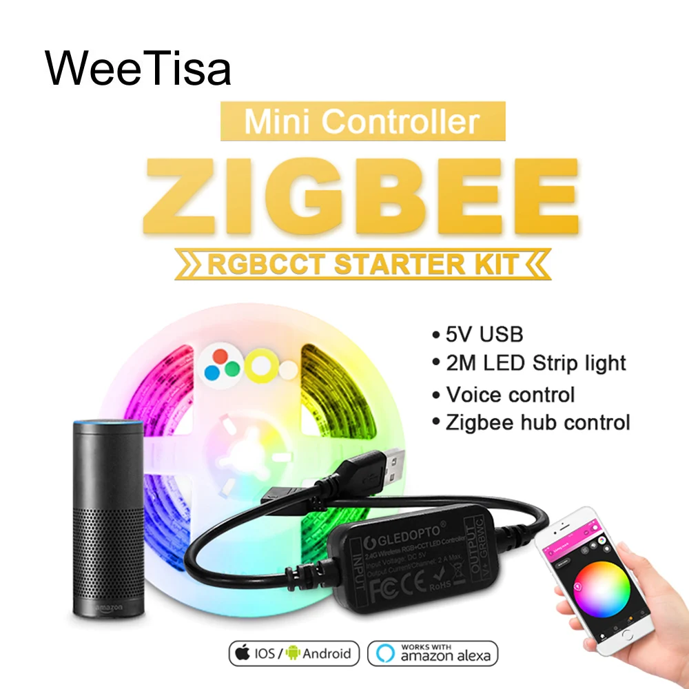 Светодиодная лента Zigbee умная полоска RGB CCT для ТВ 5 В 2 м с контроллером работает