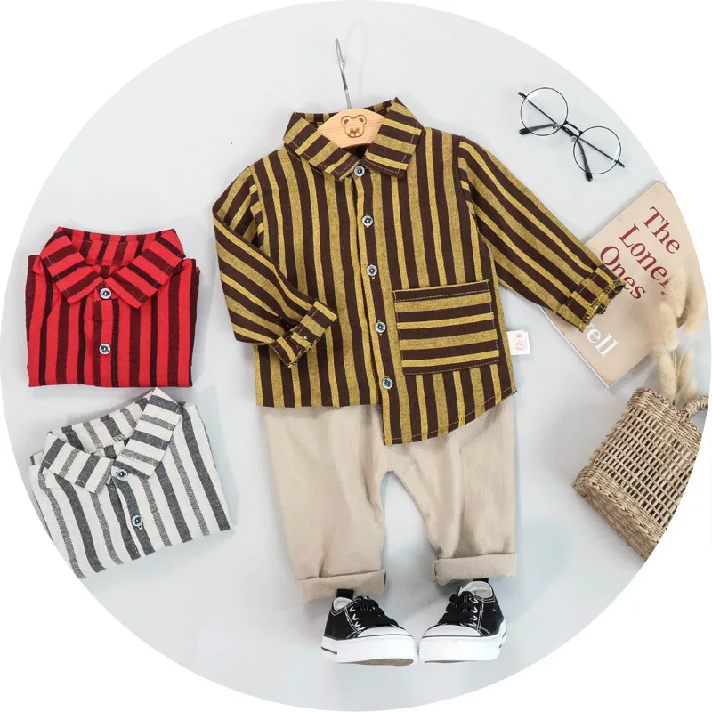 Г. осенний костюм в полоску для мальчиков Модная рубашка в клетку для отдыха, пальто, брюки костюм из двух предметов детская одежда