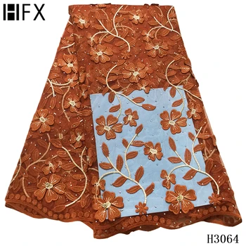 

HFX Nigerian Lace Fabric African 2020 High Quality Burnt Orange Tulle Lace Embroidered Flowers Fabric for Wedding Dress F3064