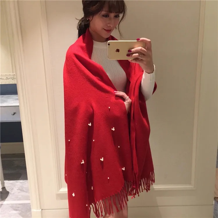 

Autumn And Winter Mickey Mouse Pearl Paragraph Solid Color Faux Cashmere Scarf Warm Thick Long Tassels Korean-style Shawl Wholes