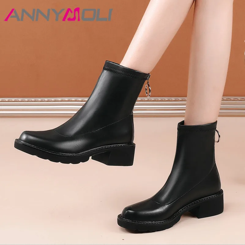 

ANNYMOLI Med Heel Ankle Boots Woman Boots Platform Block Heel Short Boots Zipper Round Toe Ladies Shoes Autumn Winter Black 39