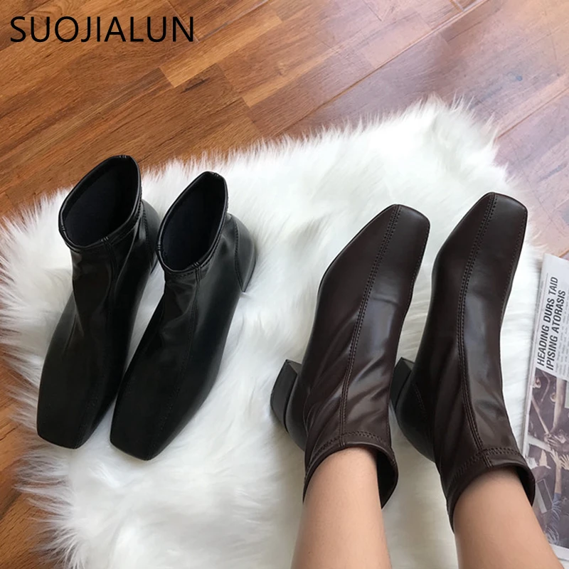 

SUOJIALUN 2019 New Women Ankle Boots High Quality Soft Skin Ankle Boots Square Low Heel Zip Causal Ladies Shoes Boots Bota