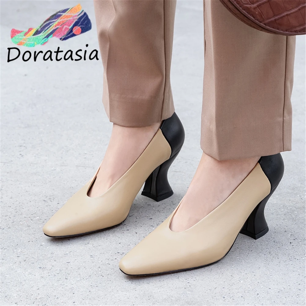 

DORATASIA 2020 New Spring Girl Quality Genuine Leather Pumps Western Concise mixed-color Pumps Women High Heel Shoes Woman