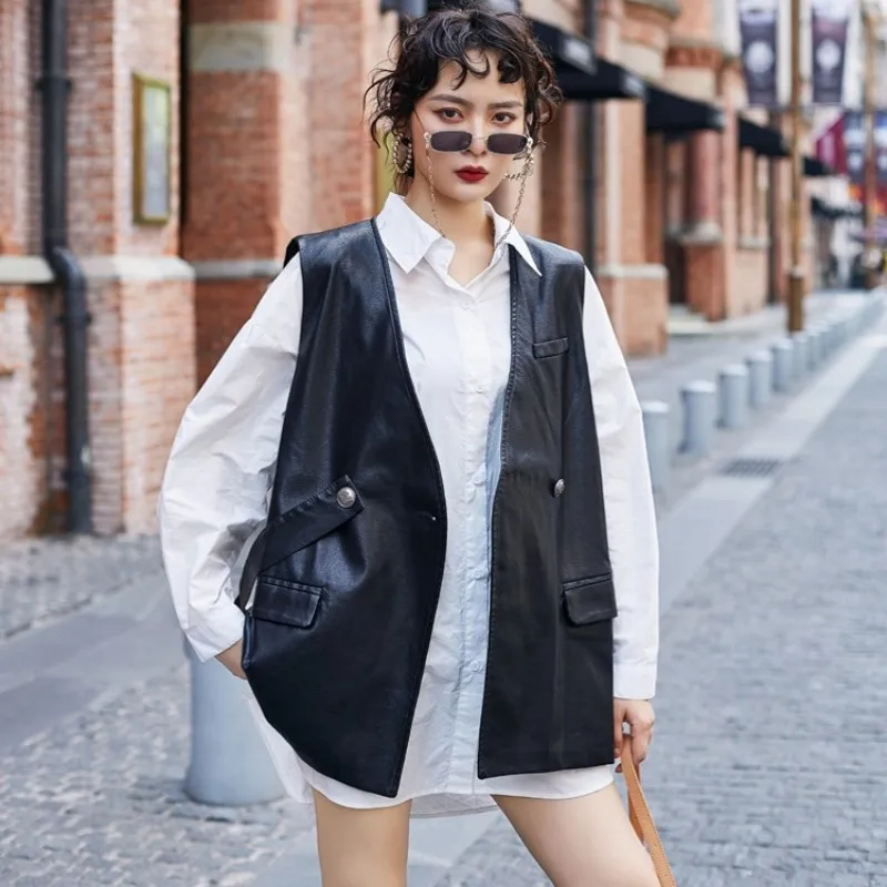 Fashion Office Lady Single Button Vest Streetwear Black V-Neck Medium-Long  Waistcoat Biker Sleeveless PU Leather Jacket