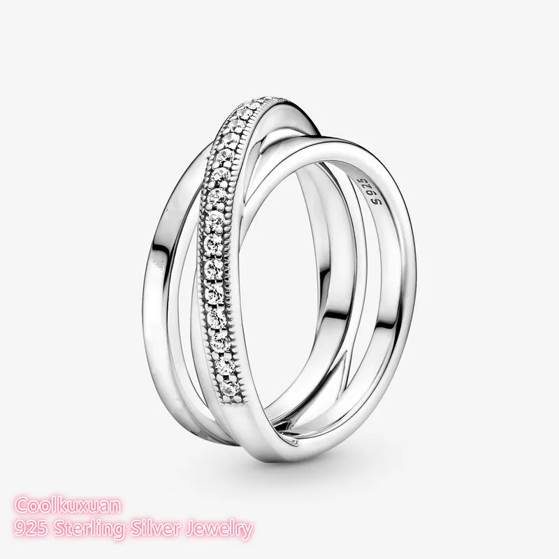 

100% 925 Sterling Silver Crossover Pave Triple Band Ring Autumn Signature For Women Wedding Gift Original Jewelry