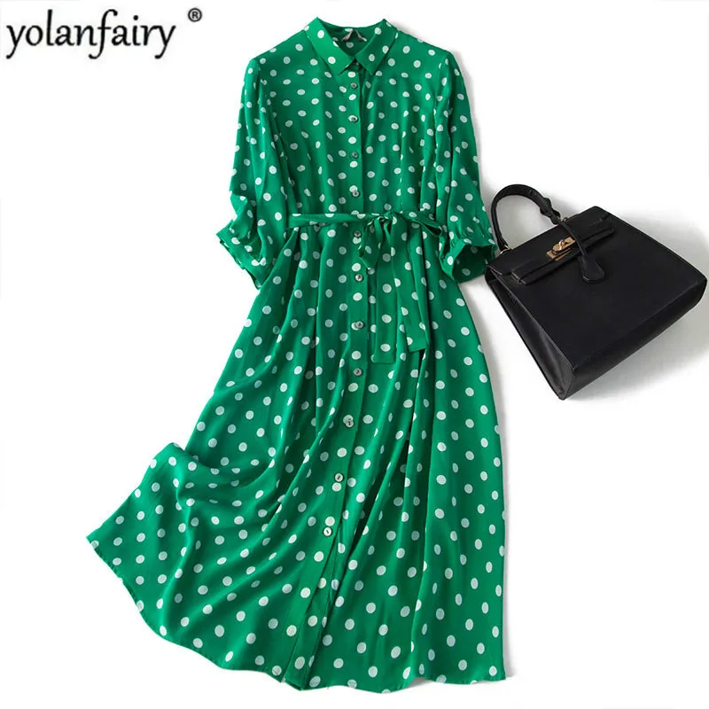 green silk polka dot dress