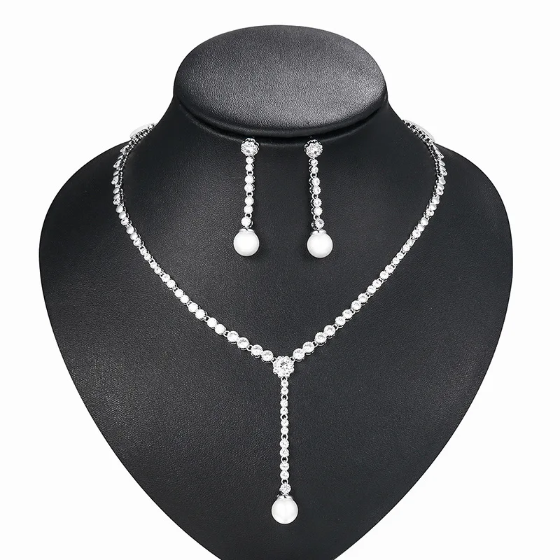 WEIMANJINGDIAN New Arrival Shell Pearl Drop and Bezel Setting Cubic Zirconia CZ Crystal Wedding Bridal Jewelry Set WEIMANJINGDIAN New Arrival Shell Pearl Drop and Bezel Setting Cubic Zirconia CZ Crystal Wedding Bridal Jewelry Set
