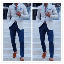 Дешевые изготовленные на заказ Мужские свадебные костюмы смокинги для жениха классический наряд мужские блейзеры из 2 предметов мужская одежда(куртка слоновой кости+ bluepant