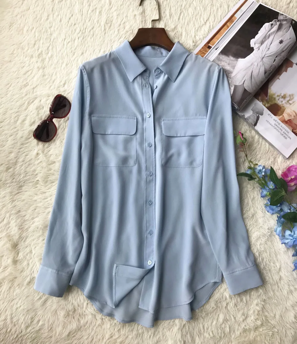 

100% Silk Women Double Pockets Soft Blouse Office Lady Long Sleeve Casual Top