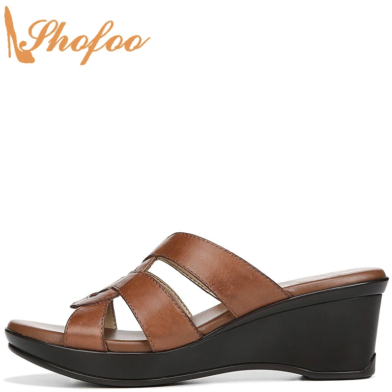 

Brown High Wedge Heels Platform Sandals Woman Round Toe Slip On Large Size 14 15 For Ladies Fashion Casual Mature Shoes Shofoo