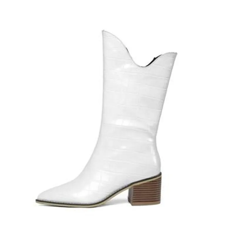 Pointed Toe Dress Women Boots Plaid Leather Thigh High Boots Stylish Med Heels Size 43 Ladies Botas Mujer Brand Military Boots