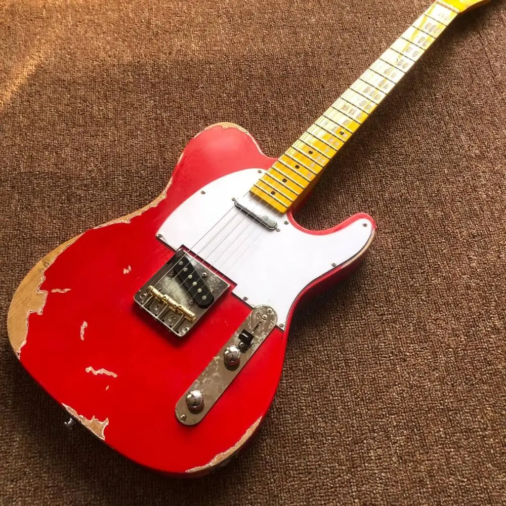 Высококачественная электрогитара 6 струн, клен гриф gitaar relics by hands. Красная гитара ra