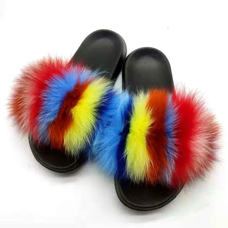 Женские меховые шлепанцы сланцы из натурального меха енота повседневные летние