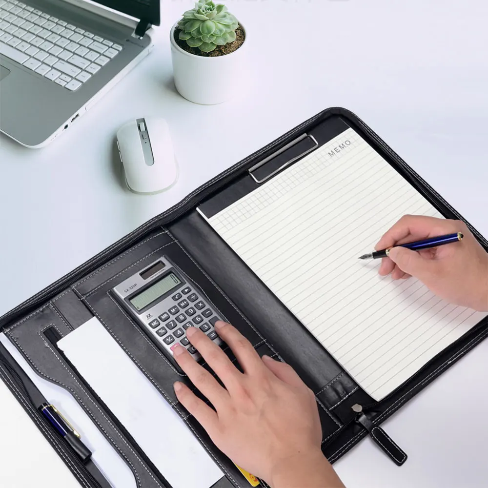 Padfolio com Calculadora Carteira de Negócios Portátil com Zíper Couro Notebook Organizador Pasta a4 1 High Quality Material escolar e de escritório