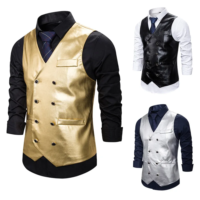 

Menswear Vest Nightclub Talent Bright Side Fashion Dynamic Solid Color Double Breasted Men's Vest