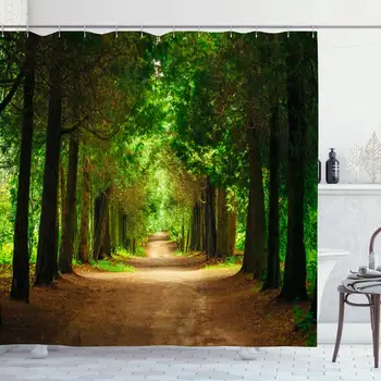 

Shower Curtain Set with Hooks 60x72 Road No Walkway Park Lane Plant Path Green Nature Trees Forest Parks Outdoor Tree Grass