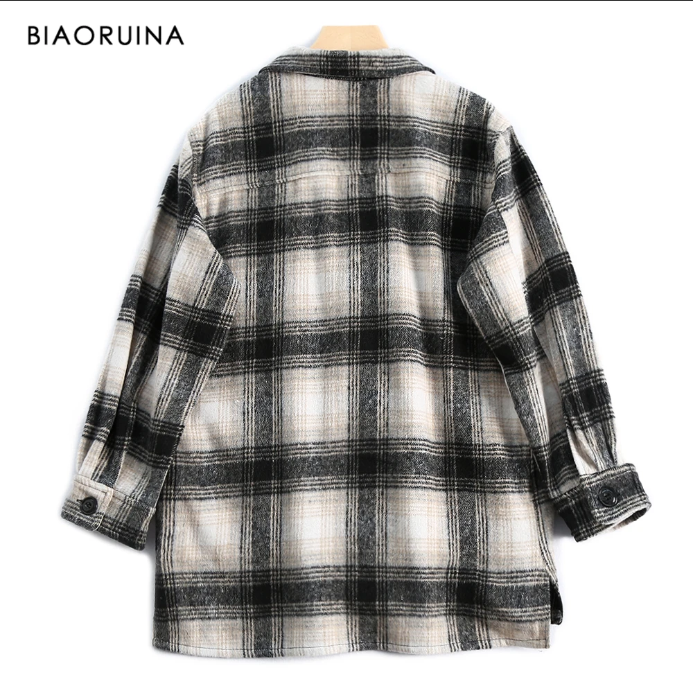 BIAORUINA, Женская хлопковая рубашка, винтажная, свободная, в клетку, с начесом, однобортная, толстая, теплая рубашка, топы, с отложным воротником