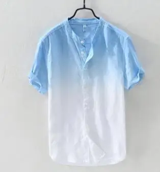 navy blue Градиентные мужские блузки, рубашки с коротким рукавом, летние хлопковые блузки, мужские льняные облегающие удобные повседневные рубашки со стоячим воротником - Цвет: navy blue