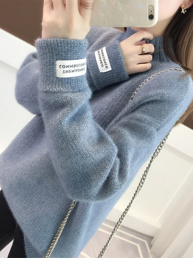 

Female mink cashmere turtleneck new autumn and winter 2019 lazy loose pullover sweater bottoming thick chenille