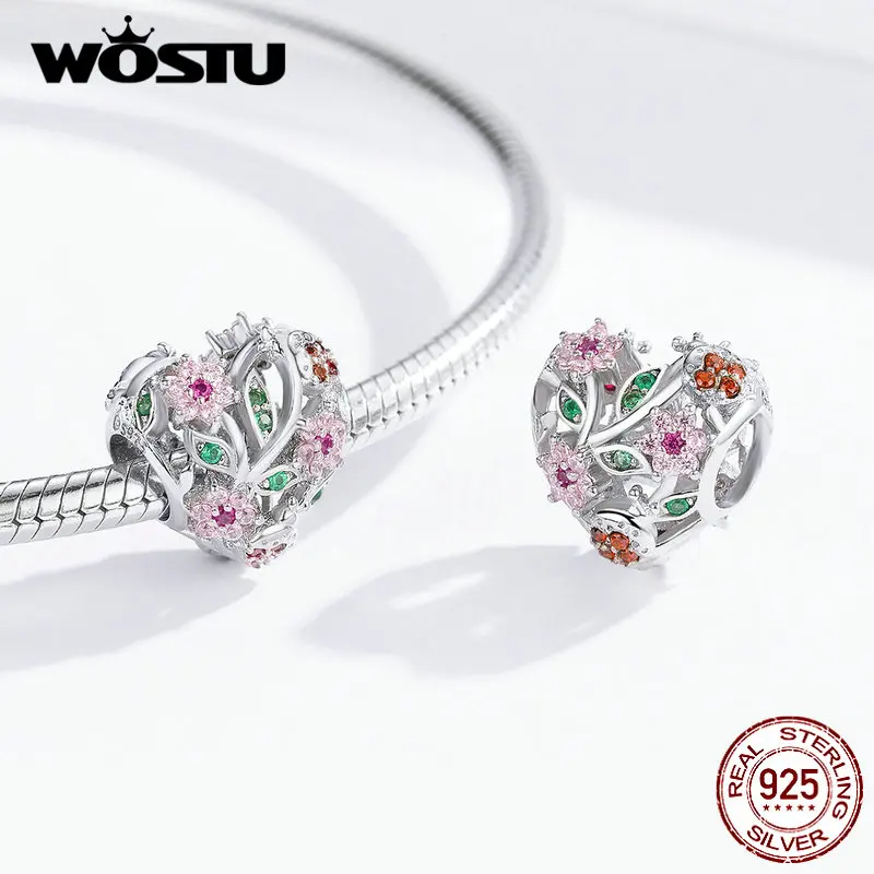 WOSTU 925 пробы серебряные божьи коровки и цветы СЕРДЦЕ бусины розовый Циркон Шарм Подходит браслет ожерелье Модные украшения BNC117