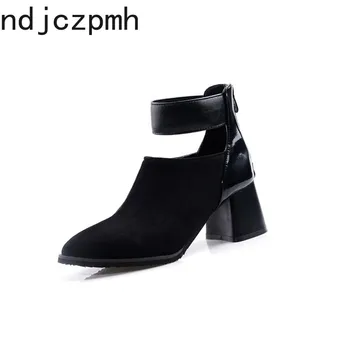 

Boots Women New Winter Fashion Color Matching Pointed Zipper Hollow Thick Heel Mid Heel Short Tube Women Shoes Plus Size 32-48