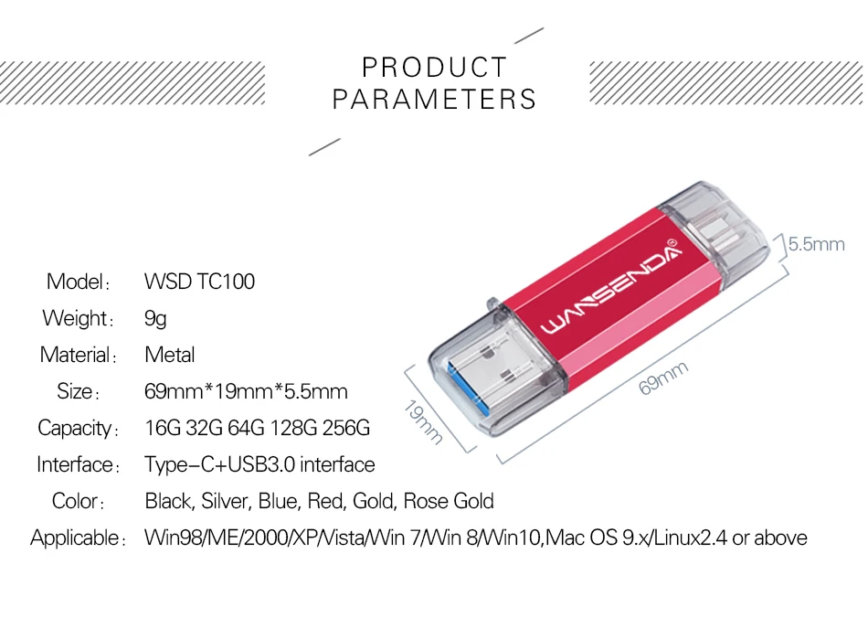 WANSENDA Тип C & флеш-накопитель USB 3,0 портативный флэш-накопитель 16 GB 32 ГБ, 64 ГБ и 128 ГБ 256 GB флешки 2 в 1 USB флеш-память Stick