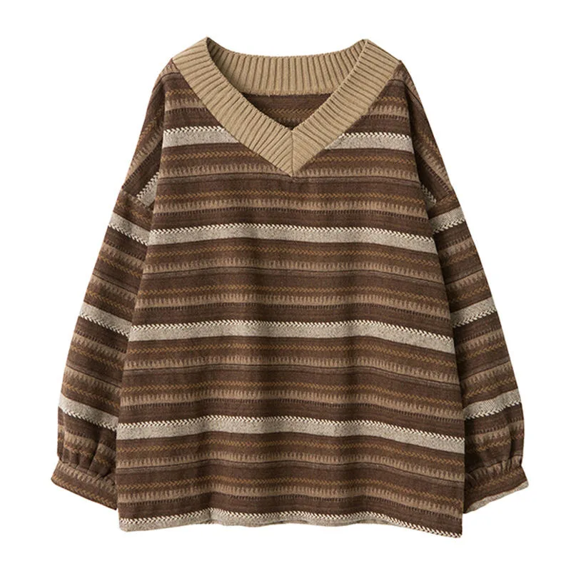 Knitted Sweaters Women Casual V Neck Stripe Pullover Sweater