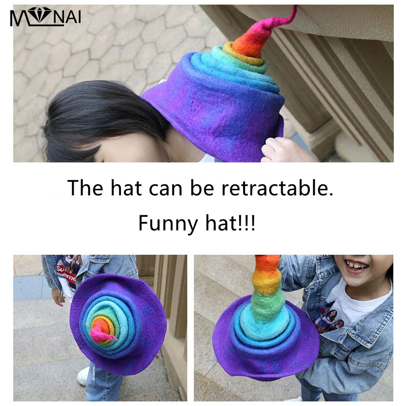 Witch Hat Halloween Street Popular Funny Creative Hats Rainbow Wizard Handmade Woolen Felt Hat Head Wear Cosplay Party