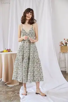

Dress 2020 New Women Holiday Fashion Spaghetti Strap Floral Print V-Neck Sleeveless Empire High Quality Cotton Dress