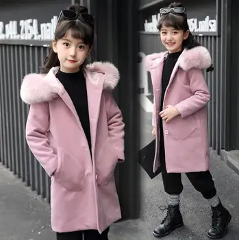 

Girl's woolen overcoat 2020 new princess's medium-length children's winter clothes, big hair collar children's woolen overcoat