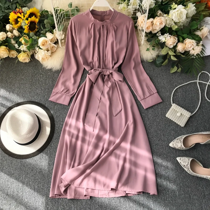

Taotrees Autumn Women Solid Long-sleeved Chiffon Dresses Round Collar A-line Flounced Ladies Sweet Sashes Dresses