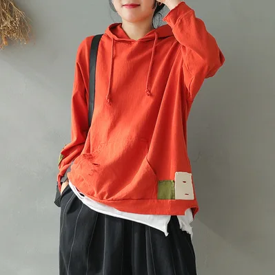 

2020 Spring T-shirt Women Loose Hooded All-match Pullovers Tops New Ladies T-shirt Patchwork pocket Loose Casual Tops