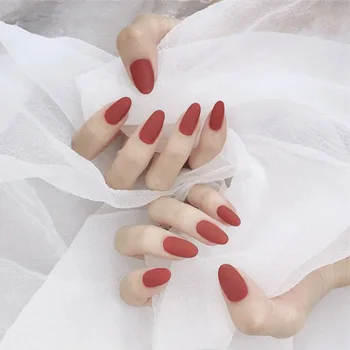 

24pcs Round Red Frosted false nails with glue Patch Showing White Hands Finished Nail Patch Wearable Disassembling Finger Medium
