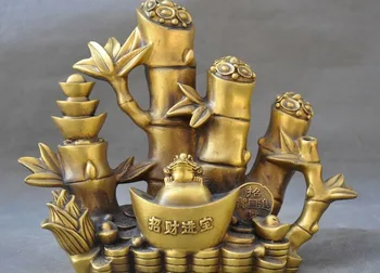 

10" Chinese brass Wealth Money Yuanbao Golden Toad Spittor Bamboo Statue