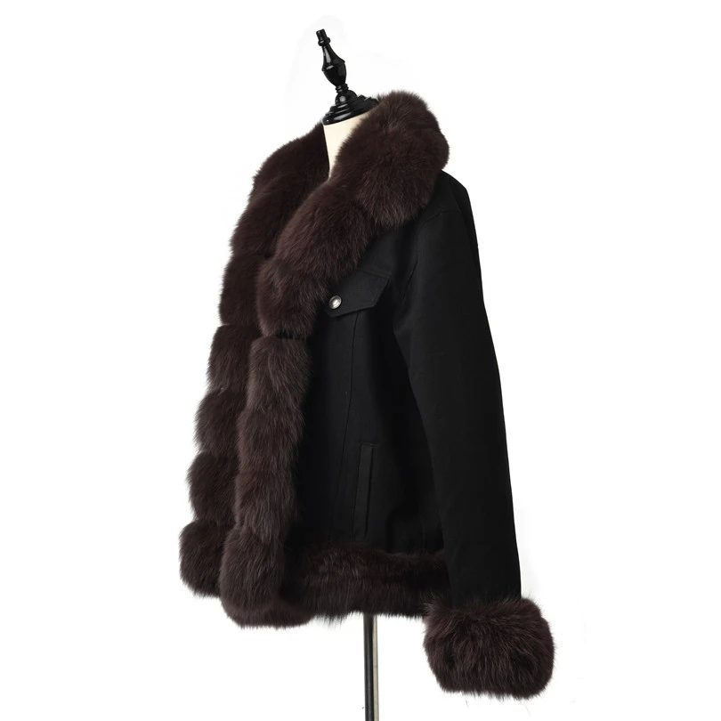 FURSARCAR Fashion Jean Jacket Real Fur Parka Women Winter Coat With Coffee Fox Fur Collar And Cuff Casual Warm Fur Parka