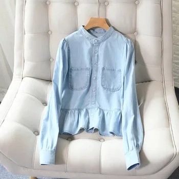 

Women Shirt 2020 Early Spring New Lotus Leaf Garment Washed Tencel Shirt Top