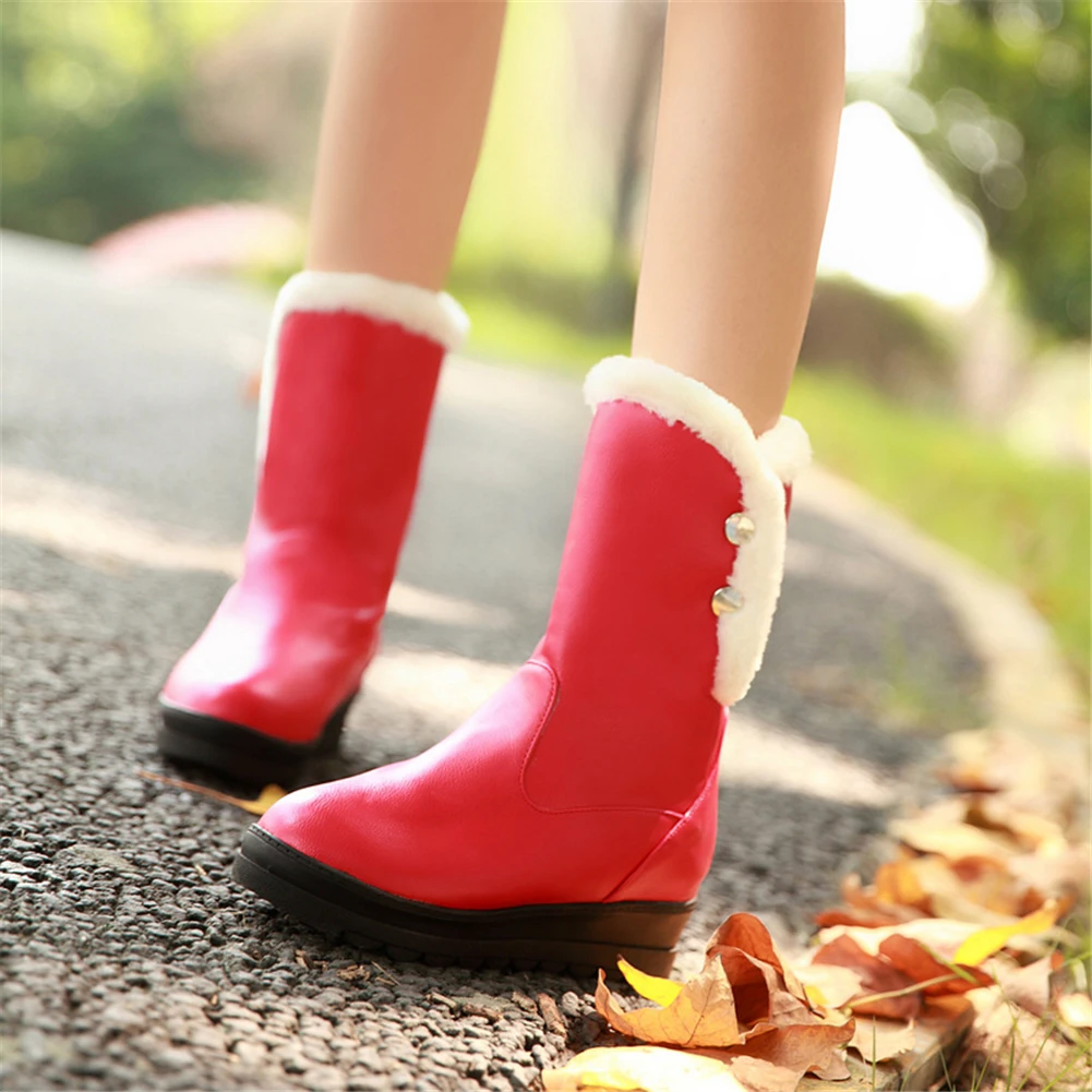 RIBETRINI Hot Sale Large Size 34-42 Increasing Heels Mid Calf Boots Women Shoes Woman Slip On Add Fur Warm Winter Boots Woman