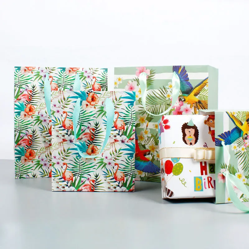 tropical parrot flamingos paper gift bag packaging wedding party favors paper bags for gift bags with handles пакеты бумажные