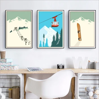 

Winter Sports Skiing Art Poster Canvas Painting , Vintage Travel Poster Ski In Snow Mountain Painting Winter Home Decor